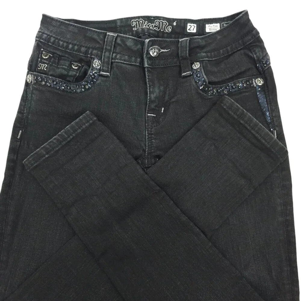 Miss Me Jeans Mid Rise Skinny Black Size 27 Stretch Studs Rhinestones Sequins - Picture 15 of 16